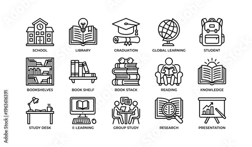 Education icons set including school library graduation and learning symbols