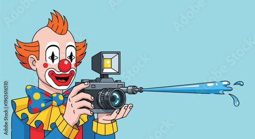 Cartoon clown holding camera with water spray coming out