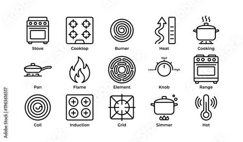Kitchen stove and cooking symbols including burner, heat, cooktop, and pan icons
