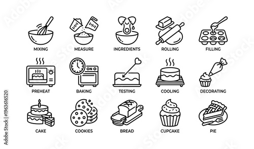 Baking process icons with mixing, measuring, and decorating tools in black and white