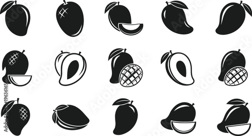 Vector illustration of sixteen mango silhouettes arranged in grid pattern, showing whole fruits, sliced mangoes, leaves, and textured designs for food, fruit, and nature themes