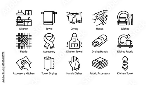 Kitchen icons set illustrating household tasks and accessories