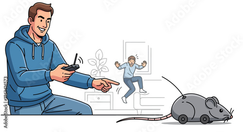 Man controlling robot mouse with remote control while another man runs away in surprise in a modern living room illustration