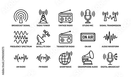 Vintage and modern radio icons: broadcast signal, studio mic, satellite dish, transistor radio, gramophone