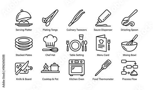 Icon set of kitchen tools and dining elements in black outline