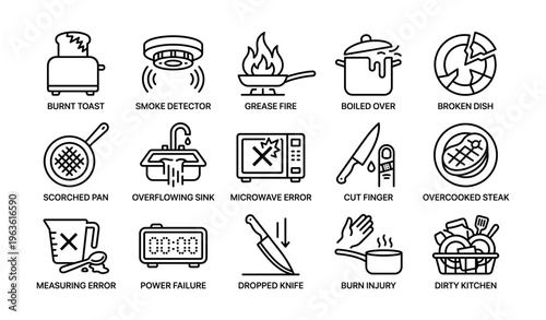 Household kitchen hazards - common cooking and safety mistakes illustrated icons