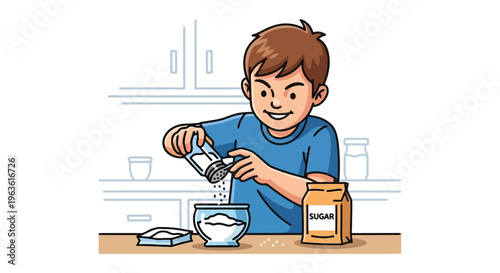Boy pouring sugar into a bowl in a kitchen illustration