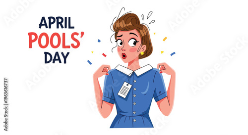 Surprised woman celebrating April Pools' Day with colorful confetti