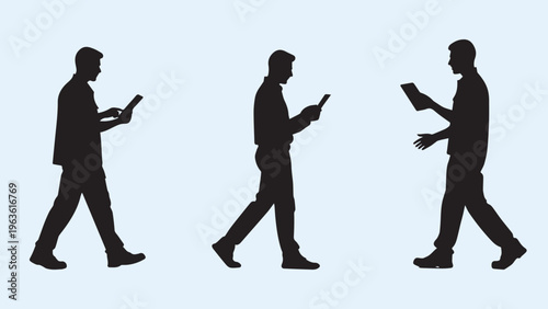 Black silhouettes of men walking and using mobile devices, male figures holding tablets and smartphones, people using technology vector
