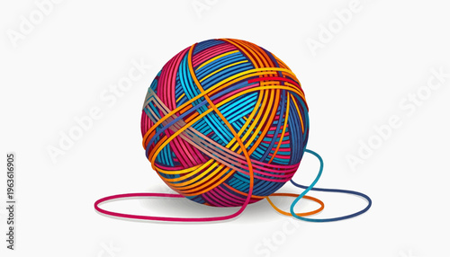 Creative ball of yarn unraveling into artistic patterns, multicolor threads intertwining in a unique way,