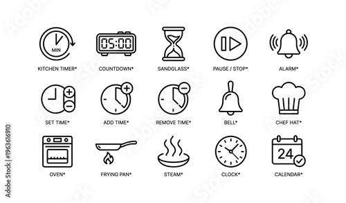 Kitchen timer and cooking icons collection in black and white design