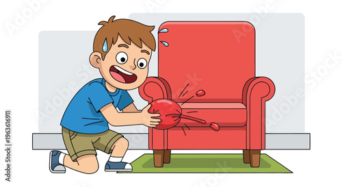 Boy struggling to move large red armchair furniture