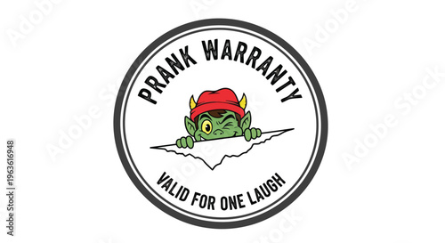 Humorous prank warranty logo with green monster wearing red hat