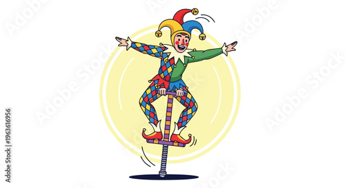Jester on pogo stick jumping colorful outfit circus performer fun