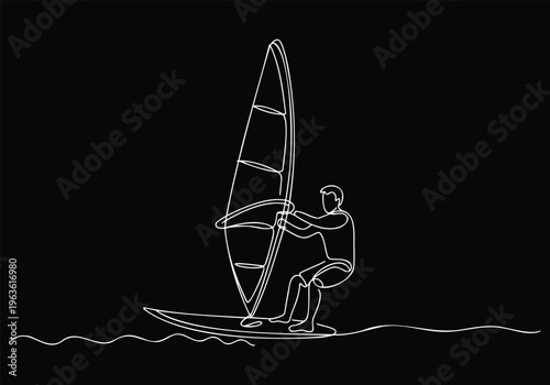 Windsurfer Riding Wave Minimalist Line Art Style Active Outdoor Recreation