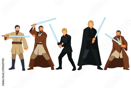 Five fantasy warrior characters holding glowing blue energy swords in action battle poses.