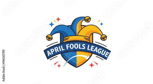April Fools League logo with jester hats and colorful stars