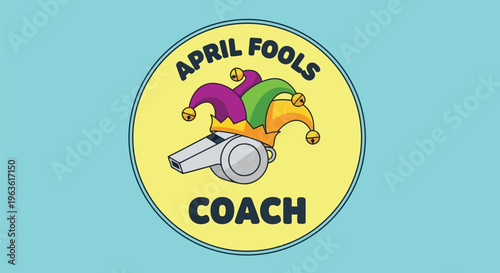 April Fools Coach logo with jester hat and whistle on yellow circle background
