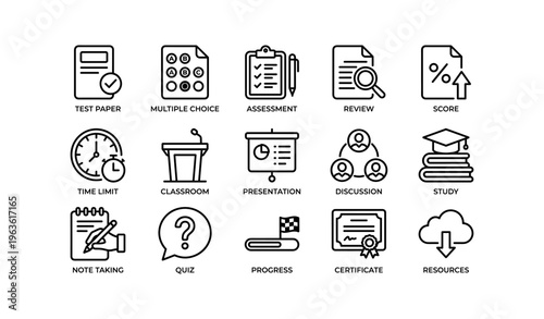 Educational icons set: test paper, classroom, quiz, certificate, study