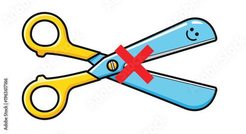 Cartoon scissors with red X symbol on blue handles and yellow loops illustration