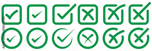 Vector check mark icon. Set of verification icons, digital confirmation and error symbols, green tick and red cross collection, minimalist vector illustration of tick and X marks. account approved. 