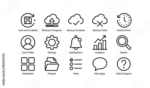 Set of business and productivity icons with cloud and backup symbols