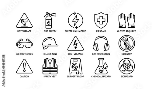 Safety icons: hazard, protection, equipment, warning, precaution