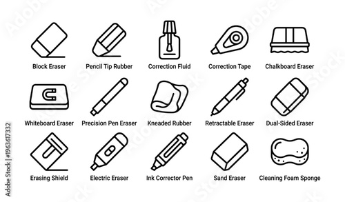 Variety of erasers and correction tools in line art style
