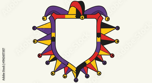 Colorful jester hat shaped like shield with pointed triangles and bells illustration