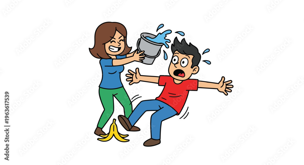 Fototapeta premium Woman playfully pouring water on surprised man cartoon illustration