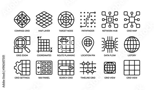 Grid and network icons for mapping and planning with coordinates and route planning