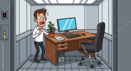 Man stuck in elevator with office desk and computer