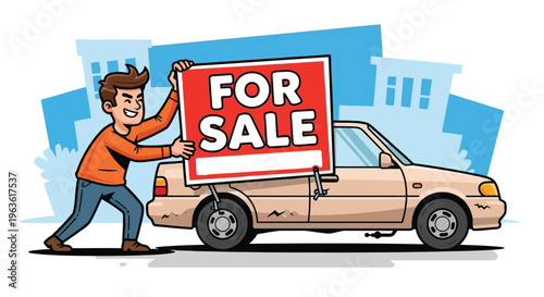 Man pushing car with for sale sign suburban neighborhood illustration