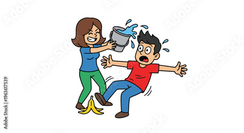 Woman playfully pouring water on surprised man cartoon illustration