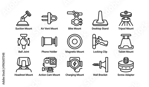 Collection of various electronic device mounts and holders illustrated