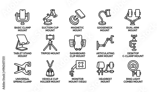 Variety of device mounts including clamp, suction, magnetic, gooseneck, and dual arm options