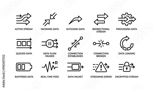 Data stream icons: active, incoming, outgoing, processing, encrypted