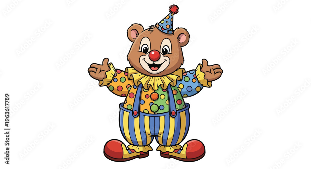Obraz premium Cartoon bear dressed as clown with colorful polka dot shirt and striped pants standing with arms outstretched in playful gesture illustration