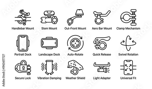 Collection of bicycle mount icons featuring various attachments and accessories