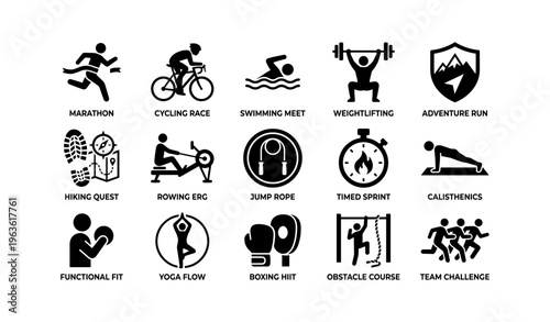 Marathon cycling swimming weightlifting adventure activity icons