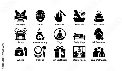 Spa treatment icons: massage, facial, manicure, pedicure, hot stone, sauna, yoga, aromatherapy