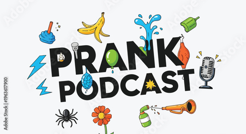 Colorful prank podcast logo with various objects and microphones