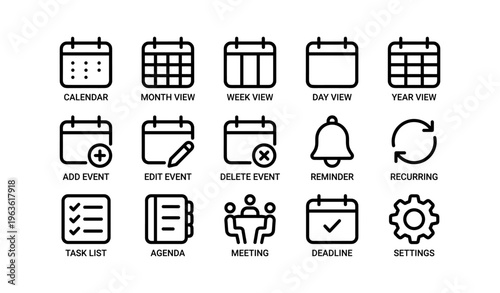 Calendar app icons set for task management and event planning