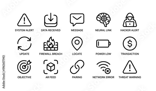 System alert icons: cybersecurity, data, network, wireless, threat