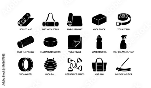 Yoga equipment icons: mats, blocks, cushions, and accessories for fitness and relaxation
