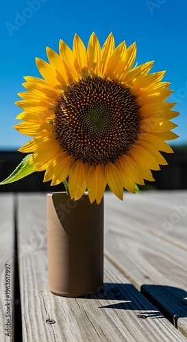 Bright yellow sunflower in a simple vase on a wooden deck against a clear blue sky symbolizing summer and nature's beauty