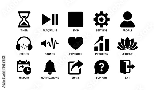 Collection of multimedia and app function icons in black silhouette design