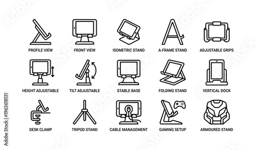 Various types of device stands and mounts in simple line icons