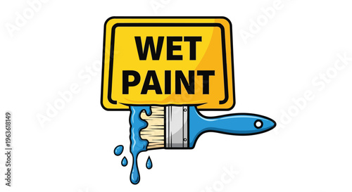 Wet paint warning sign with dripping blue paintbrush vector icon symbol