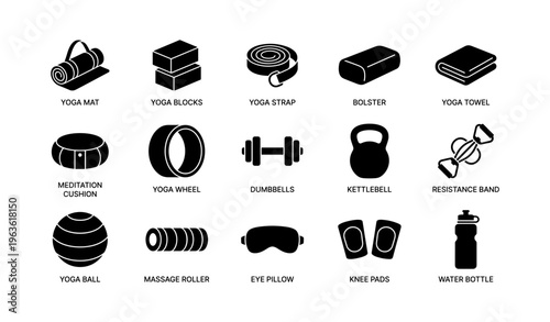 Essential yoga and fitness accessories: mat, blocks, strap, bolster, towel, cushion